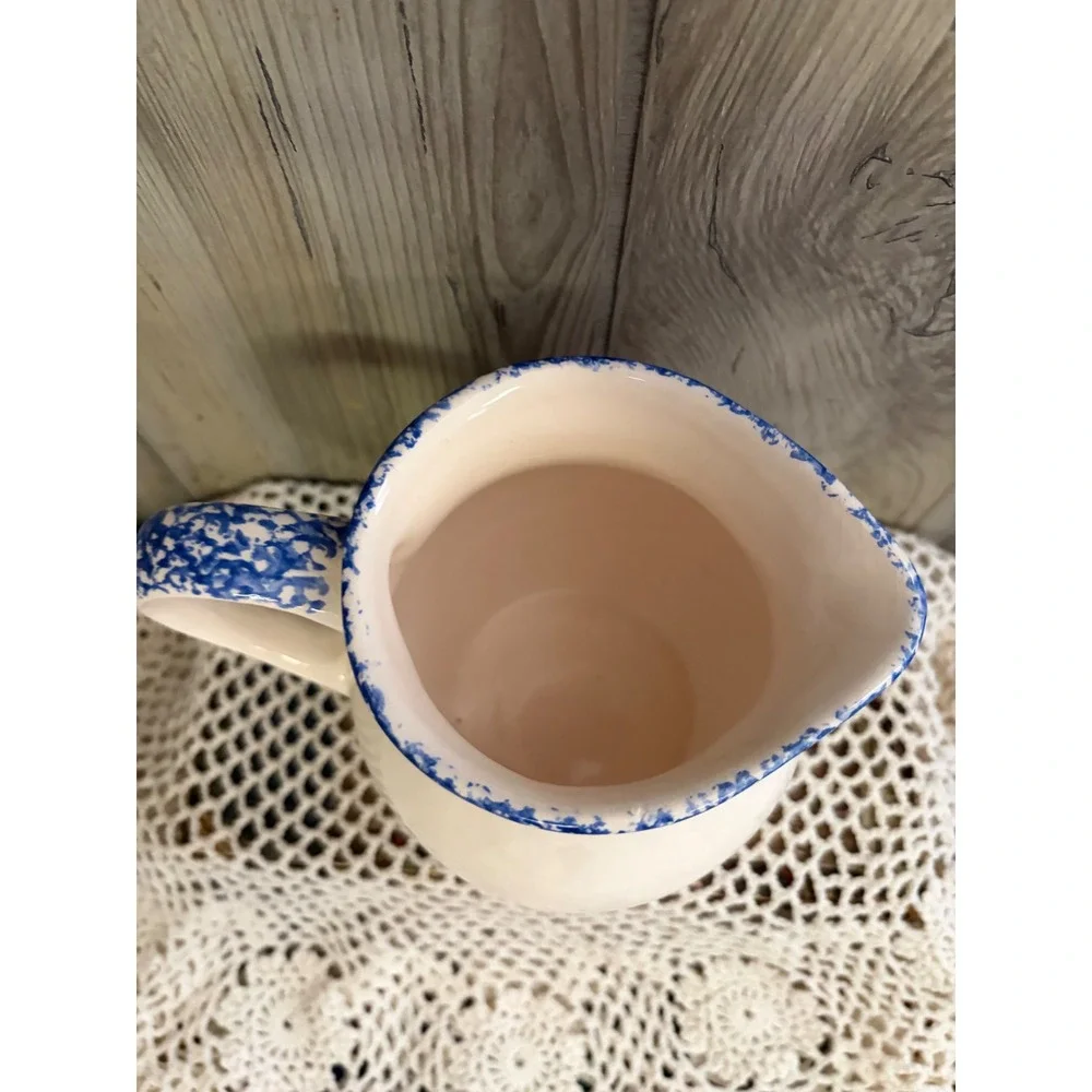 Vintage Style Ceramic Heart Pitcher Blue Sponged Trim Decorative Farmhouse Jug